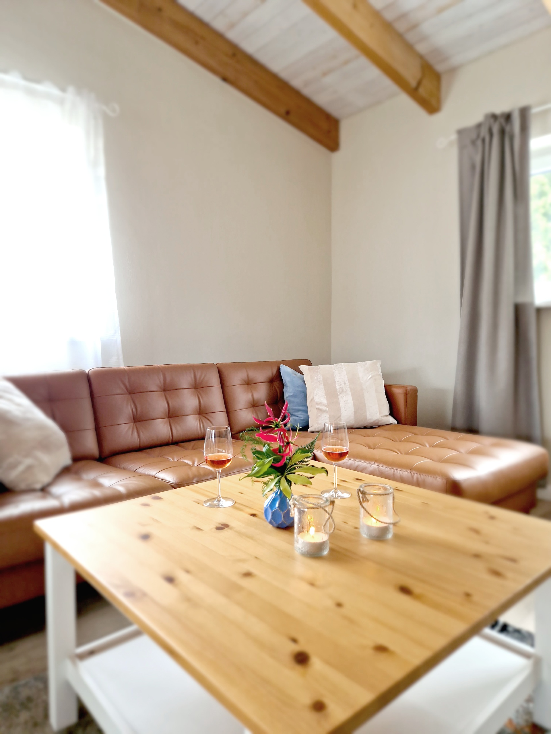 Wohnbereich des Sommerhauses mit Sofa und Couchtisch